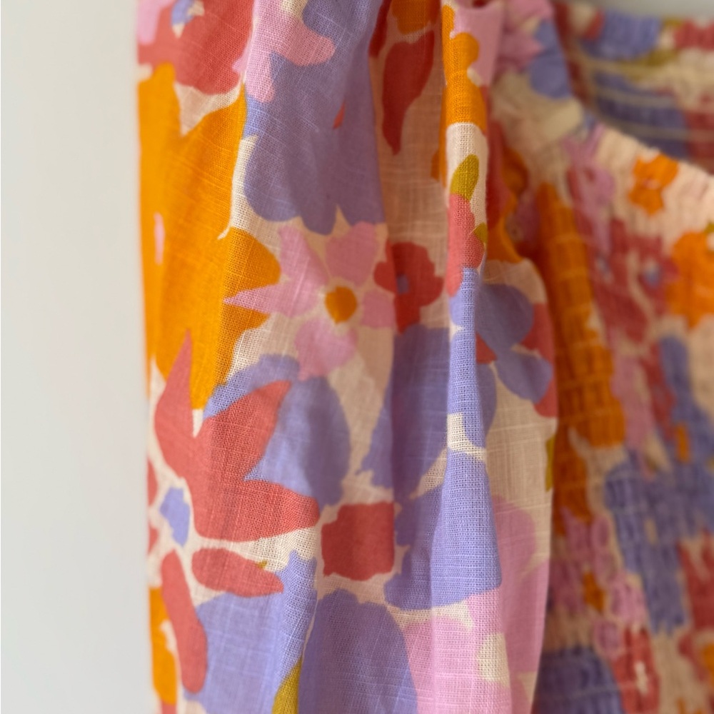 Free People Size Large Floral Smocked Top Cotton Balloon Sleeve Orange Blue Pink - Picture 15 of 16